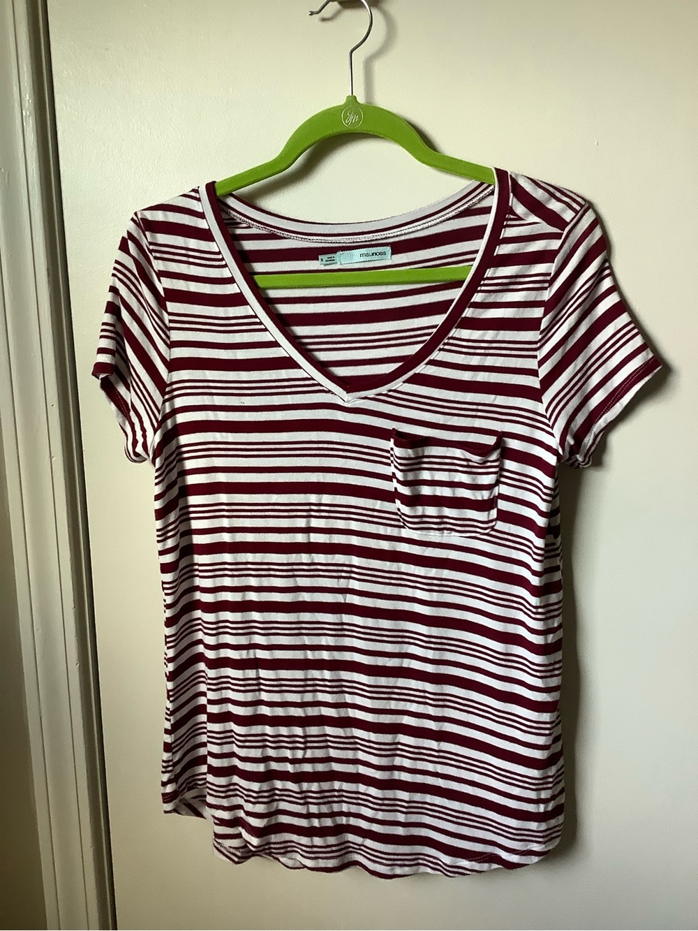 Maurice’s Striped V-Neck Pocket Tee - White & Burgundy Sz.S
